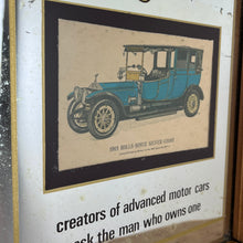 Load image into Gallery viewer, Vintage prestige Rolls Royce Silver Ghost 1912 advertising mirror featuring a glamourous design with antique pictures of the luxury car in intricate finish, excellent quotes in stylish fonts with a straight gold border.