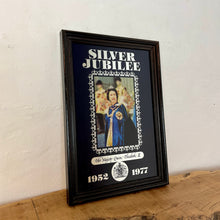 Load image into Gallery viewer, Wonderful vintage Silver Jubilee collectable mirror 1952 to 1977 featuring a radiant potrait of the Queen Elizabeth wearing her Royal attire and elegant souvenir piece, showing a magnificent silver crown border and silver bold fonts.