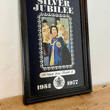 Load image into Gallery viewer, Wonderful vintage Silver Jubilee collectable mirror 1952 to 1977 featuring a radiant potrait of the Queen Elizabeth wearing her Royal attire and elegant souvenir piece, showing a magnificent silver crown border and silver bold fonts.