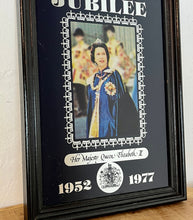 Load image into Gallery viewer, Wonderful vintage Silver Jubilee collectable mirror 1952 to 1977 featuring a radiant potrait of the Queen Elizabeth wearing her Royal attire and elegant souvenir piece, showing a magnificent silver crown border and silver bold fonts.
