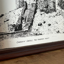 Load image into Gallery viewer, Vintage picture mirror of Great Cardiff Castle, The Norman Keep historical mirror, Wales history, wall art, knights, soldier, royalty