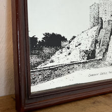 Load image into Gallery viewer, Vintage picture mirror of Great Cardiff Castle, The Norman Keep historical mirror, Wales history, wall art, knights, soldier, royalty
