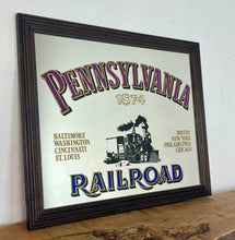 Load image into Gallery viewer, Historical Pennsylvania Railroad Company 1874 advertising mirror, showing the detailed steam train in a intricate noir design, bold stand out font with multiple vivid tones, with a list of the cities where the station are located.