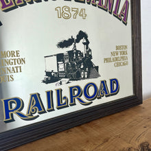 Load image into Gallery viewer, Historical Pennsylvania Railroad Company 1874 advertising mirror, showing the detailed steam train in a intricate noir design, bold stand out font with multiple vivid tones, with a list of the cities where the station are located.