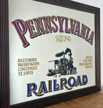 Load image into Gallery viewer, Historical Pennsylvania Railroad Company 1874 advertising mirror, showing the detailed steam train in a intricate noir design, bold stand out font with multiple vivid tones, with a list of the cities where the station are located.