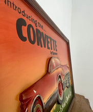 Load image into Gallery viewer, Amazing Chevrolet Corvette vintage wooden advertising sign with fantastic quality with a raised sculptural design with vibrant hand painted finish in multiple burnt orange layered tones, the sports car comes in intricate craftsmanship.