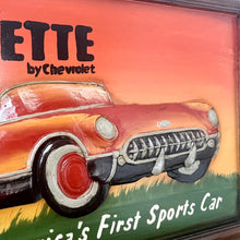 Load image into Gallery viewer, Amazing Chevrolet Corvette vintage wooden advertising sign with fantastic quality with a raised sculptural design with vibrant hand painted finish in multiple burnt orange layered tones, the sports car comes in intricate craftsmanship.
