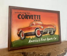 Load image into Gallery viewer, Amazing Chevrolet Corvette vintage wooden advertising sign with fantastic quality with a raised sculptural design with vibrant hand painted finish in multiple burnt orange layered tones, the sports car comes in intricate craftsmanship.