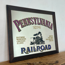 Load image into Gallery viewer, Historical Pennsylvania Railroad Company 1874 advertising mirror, showing the detailed steam train in a intricate noir design, bold stand out font with multiple vivid tones, with a list of the cities where the station are located.
