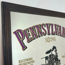 Load image into Gallery viewer, Historical Pennsylvania Railroad Company 1874 advertising mirror, showing the detailed steam train in a intricate noir design, bold stand out font with multiple vivid tones, with a list of the cities where the station are located.