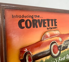 Load image into Gallery viewer, Amazing Chevrolet Corvette vintage wooden advertising sign with fantastic quality with a raised sculptural design with vibrant hand painted finish in multiple burnt orange layered tones, the sports car comes in intricate craftsmanship.