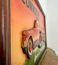 Load image into Gallery viewer, Amazing Chevrolet Corvette vintage wooden advertising sign with fantastic quality with a raised sculptural design with vibrant hand painted finish in multiple burnt orange layered tones, the sports car comes in intricate craftsmanship.