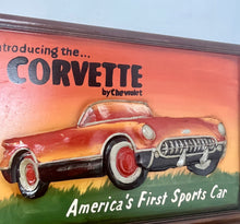 Load image into Gallery viewer, Amazing Chevrolet Corvette vintage wooden advertising sign with fantastic quality with a raised sculptural design with vibrant hand painted finish in multiple burnt orange layered tones, the sports car comes in intricate craftsmanship.