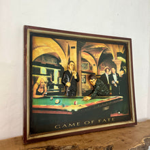 Load image into Gallery viewer, An amazing game of Fate by Chris Consani features Hollywood stars from the 40s and 50s featuring the stars in a pool hall with quality details with fantastic craftsmanship with intricate detail, the artwork comes on a raised sculptural wooden sign.