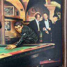 Load image into Gallery viewer, An amazing game of Fate by Chris Consani features Hollywood stars from the 40s and 50s featuring the stars in a pool hall with quality details with fantastic craftsmanship with intricate detail, the artwork comes on a raised sculptural wooden sign.