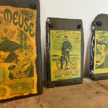 Load image into Gallery viewer, fantastic, unique set of mid-century art nouveau collectable slate panels featuring a selection of famous artists, including Alphonse Mucha. It has a complex design with the pictures inset into the slate hanging ornament