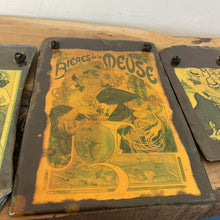 Load image into Gallery viewer, fantastic, unique set of mid-century art nouveau collectable slate panels featuring a selection of famous artists, including Alphonse Mucha. It has a complex design with the pictures inset into the slate hanging ornament
