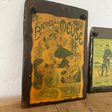 Load image into Gallery viewer, fantastic, unique set of mid-century art nouveau collectable slate panels featuring a selection of famous artists, including Alphonse Mucha. It has a complex design with the pictures inset into the slate hanging ornament