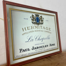 Load image into Gallery viewer, Paul Jaboulet Aine La Chapelle wine advertising mirror in an elegant design of the famous French exclusive wine producer with multiple classy fonts on the branding with the intricate gold motif logo and a sleek gold and black border.
