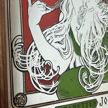 Load image into Gallery viewer, Stunning Mucha art nouveau Job cigarette mirro, featuring an elegant lady wearing a glamorous luscious green dress, background in an intricate vintage, rouge coloured pattern design and a stand-out bold font in enchanting tones, superb border
