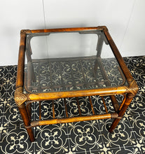 Load image into Gallery viewer, Stunning intertwined woven corners with magnificent craftsmanship finish towards the bottom of a bamboo rack to store books or newspapers come with a sleek glass top.
