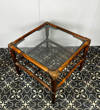 Load image into Gallery viewer, Stunning intertwined woven corners with magnificent craftsmanship finish towards the bottom of a bamboo rack to store books or newspapers come with a sleek glass top.
