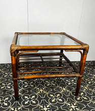 Load image into Gallery viewer, Stunning intertwined woven corners with magnificent craftsmanship finish towards the bottom of a bamboo rack to store books or newspapers come with a sleek glass top.
