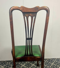 Load image into Gallery viewer, The mahogany chair with shaped backrest has a beautifully shaped finish with a piercing splat with a harp design, drop-in seats in a nice green tone leather type material, with one minor scuff and the padding, had fallen it, on lovely cabriole legs
