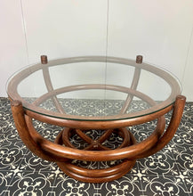 Load image into Gallery viewer, Stunning intertwined bentwood frame with magnificent craftsmanship finish towards the bottom of a woven bamboo base with a sleek glass top.
