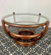 Load image into Gallery viewer, Stunning intertwined bentwood frame with magnificent craftsmanship finish towards the bottom of a woven bamboo base with a sleek glass top.
