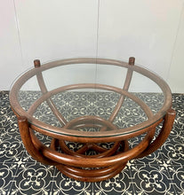 Load image into Gallery viewer, Stunning intertwined bentwood frame with magnificent craftsmanship finish towards the bottom of a woven bamboo base with a sleek glass top.
