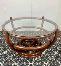 Load image into Gallery viewer, Stunning intertwined bentwood frame with magnificent craftsmanship finish towards the bottom of a woven bamboo base with a sleek glass top.
