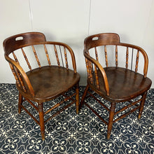 Load image into Gallery viewer, They are antique mid-19th century captain-style tub chairs with a bentwood back and arms and turned spindles, each bearing a unique story and character.
