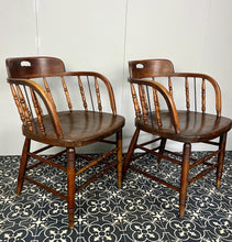 Load image into Gallery viewer, They are antique mid-19th century captain-style tub chairs with a bentwood back and arms and turned spindles, each bearing a unique story and character.
