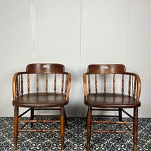 Load image into Gallery viewer, They are antique mid-19th century captain-style tub chairs with a bentwood back and arms and turned spindles, each bearing a unique story and character.
