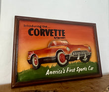 Load image into Gallery viewer, Amazing Chevrolet Corvette vintage wooden advertising sign with fantastic quality with a raised sculptural design with vibrant hand painted finish in multiple burnt orange layered tones, the sports car comes in intricate craftsmanship.
