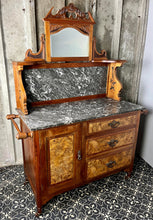 Load image into Gallery viewer, Wonderful late Victorian washstand, burr walnut and marble furniture, antique, period piece, bathroom cabinet, vanity, interior design
