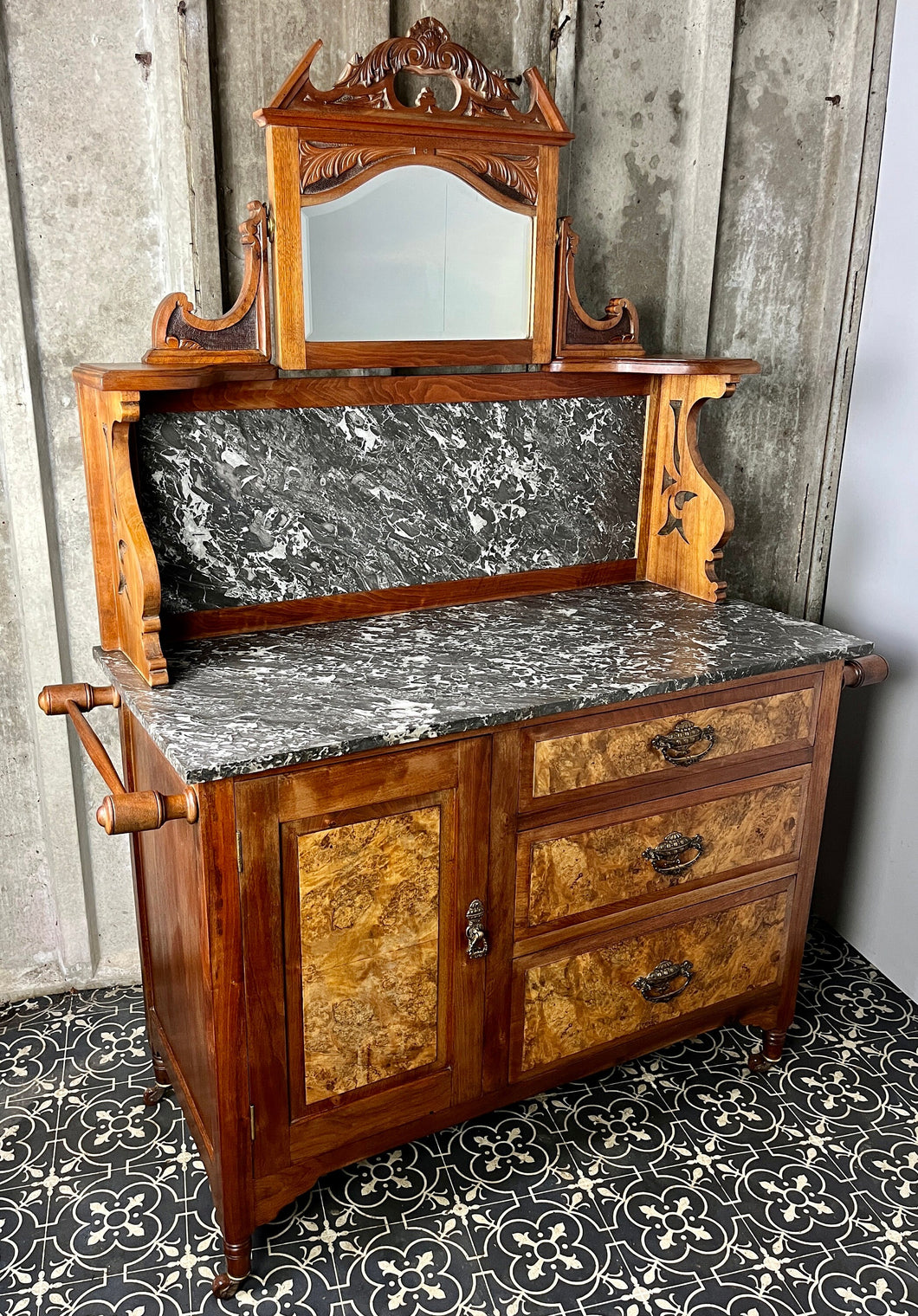 Wonderful late Victorian washstand, burr walnut and marble furniture, antique, period piece, bathroom cabinet, vanity, interior design