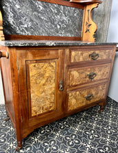 Load image into Gallery viewer, Wonderful late Victorian washstand, burr walnut and marble furniture, antique, period piece, bathroom cabinet, vanity, interior design
