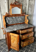 Load image into Gallery viewer, Wonderful late Victorian washstand, burr walnut and marble furniture, antique, period piece, bathroom cabinet, vanity, interior design
