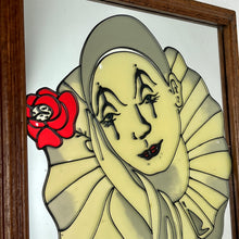 Load image into Gallery viewer, Vintage stained glass Pierrot and rose mirror, decorative picture, clown art, collectable
