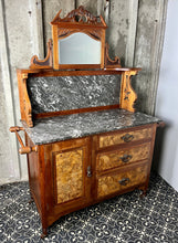 Load image into Gallery viewer, Wonderful late Victorian washstand, burr walnut and marble furniture, antique, period piece, bathroom cabinet, vanity, interior design
