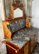 Load image into Gallery viewer, Wonderful late Victorian washstand, burr walnut and marble furniture, antique, period piece, bathroom cabinet, vanity, interior design
