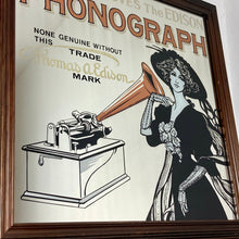 Load image into Gallery viewer, Stunning phonograph mirror, Thomas Edison, vintage style, art nouveau, advertising sign, music collectible piece, gramophone memorabilia
