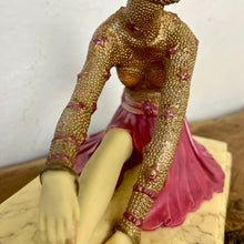 Load image into Gallery viewer, Stunning vintage sculpture based on the Demétre H. Chiparus - tantra piece based on an art deco ballet dancer with intricate design with vivid tones in pinks and creams with unique details on the tutu and pleats in the skirt with a faux marble base
