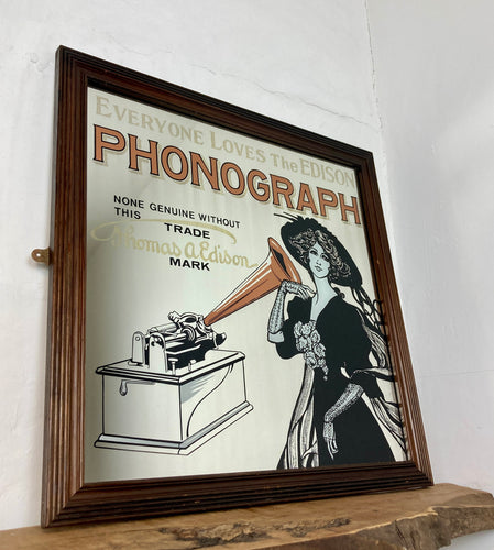 Stunning phonograph mirror, Thomas Edison, vintage style, art nouveau, advertising sign, music collectible piece, gramophone memorabilia
