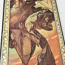 Load image into Gallery viewer, Stunning Mucha art nouveau sign featuring a glamorous lady with elegant clothing in autumnal tones. Around the lady are intricate designs with a selection of sky blues and hints of matt gold blending with shooting blasts of light.
