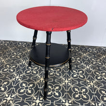 Load image into Gallery viewer, Stylish early 20th-century ebonised faux bamboo coffee or side table with a fantastic design featuring the trend ebony tone with a turned leg finish and sleek gold highlights. It is created in a cricket form with three legs
