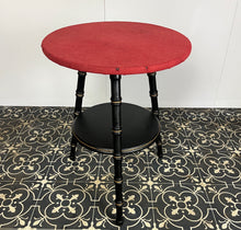 Load image into Gallery viewer, Stylish early 20th-century ebonised faux bamboo coffee or side table with a fantastic design featuring the trend ebony tone with a turned leg finish and sleek gold highlights. It is created in a cricket form with three legs
