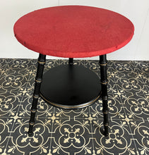 Load image into Gallery viewer, Stylish early 20th-century ebonised faux bamboo coffee or side table with a fantastic design featuring the trend ebony tone with a turned leg finish and sleek gold highlights. It is created in a cricket form with three legs
